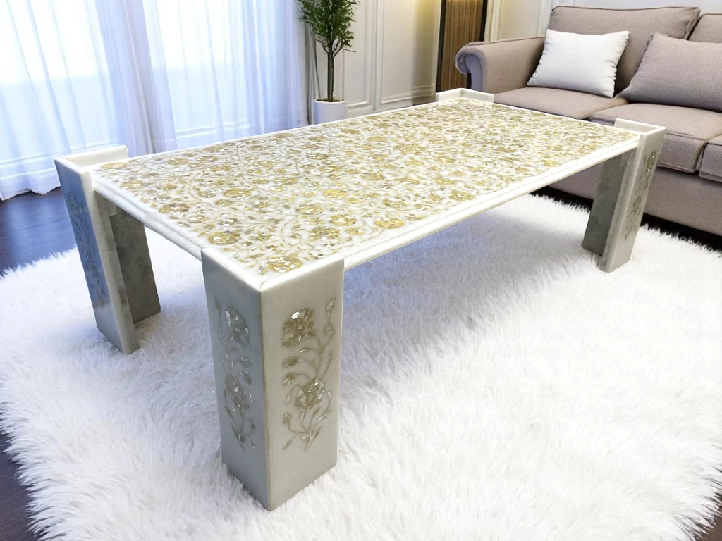 Amazing Mother of Pearl Inlay White Marble Conference Table In India 